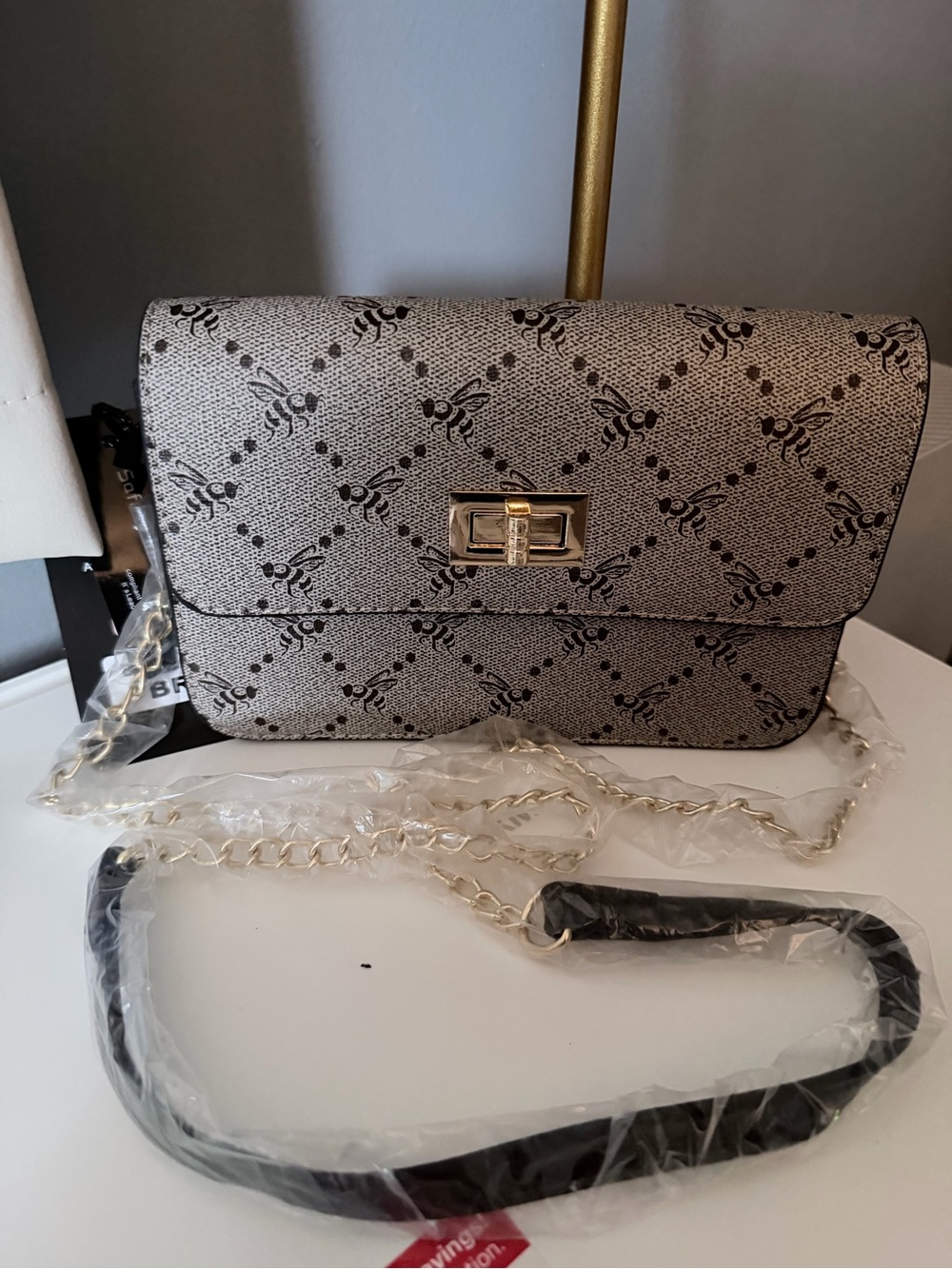 Beaded Pattern Crossbody Bag in Taupe with Gold Hardware